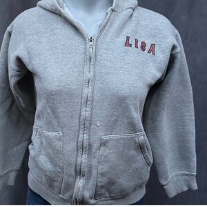 Vintage hoodie grey women’s named Lisa 80s zip front distressed sweatshirt